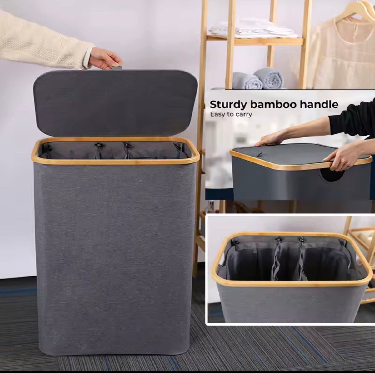 Bamboo Rim Laundry Hamper with 3-Compartment Inner Removable Bags & Lid 160L