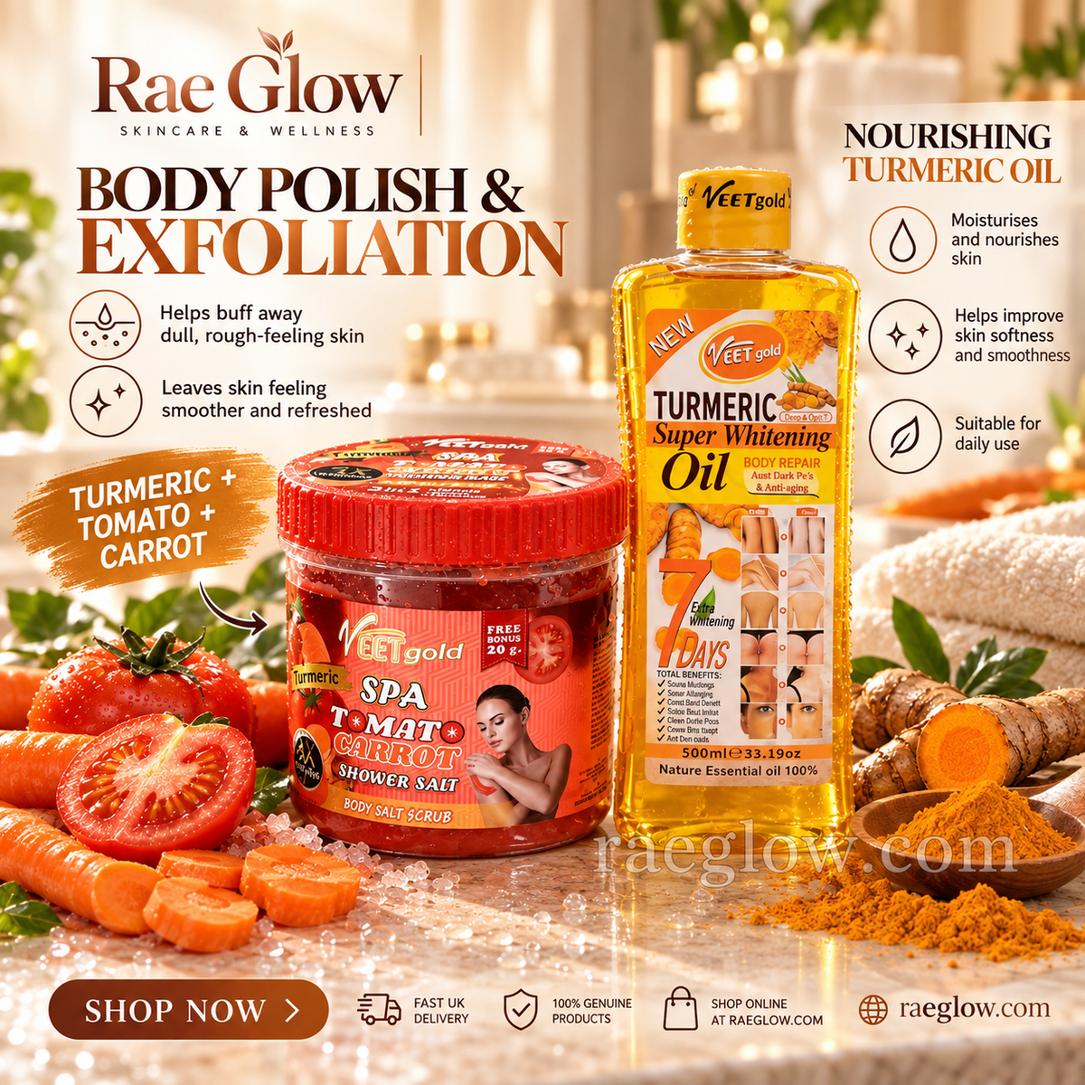 Turmeric Glow Duo – Tomato & Carrot Body Scrub + Turmeric Oil
