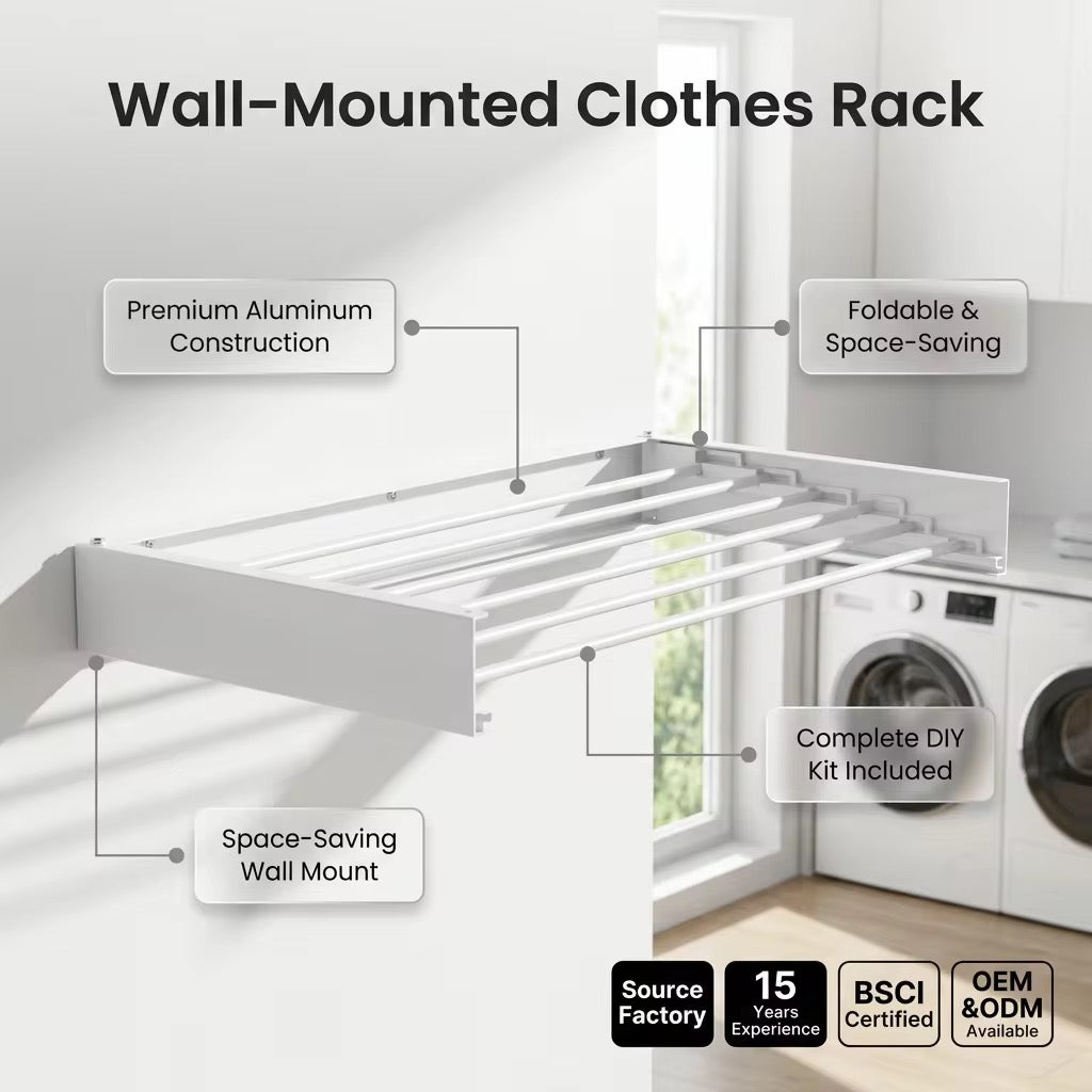Wall-mounted clothes rack with dimensions: 70cm wide, 37.5cm deep, 6cm height when folded
