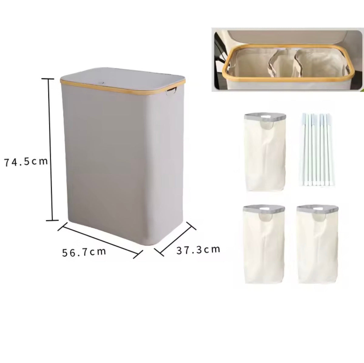 Bamboo Rim Laundry Hamper with 3-Compartment Inner Removable Bags & Lid 160L