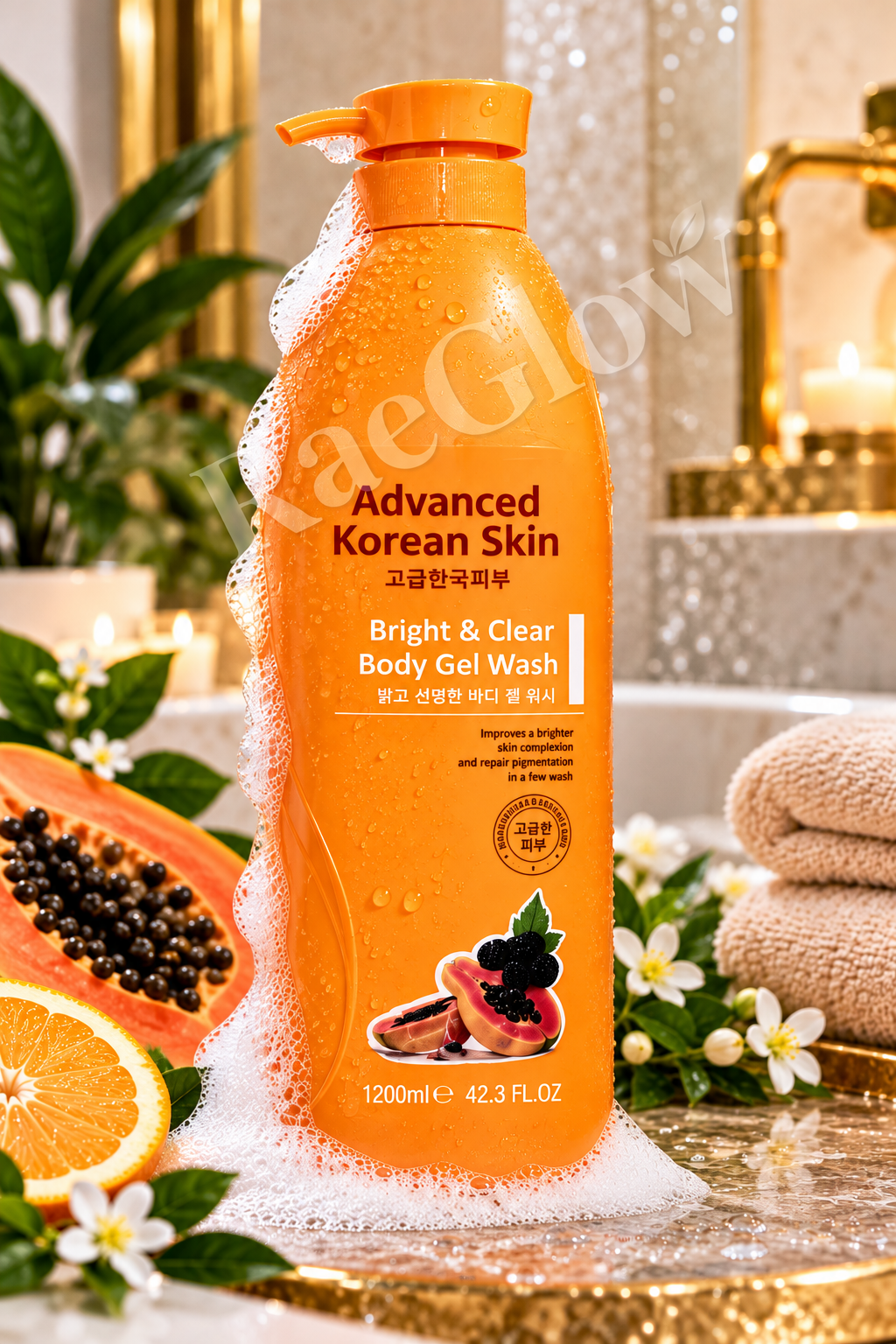 Advanced Korean Skin Bright & Clear Body Gel Wash 1200ml in an orange pump bottle displayed in a luxury bathroom setting.