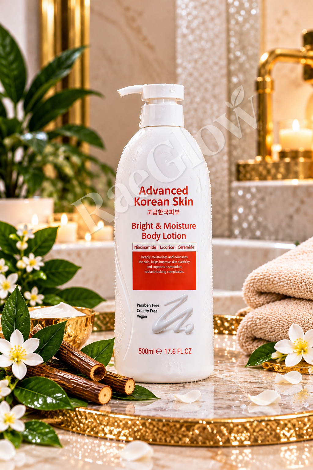 Advanced Korean Skin Bright and Moisture Body Lotion 500ml with niacinamide, licorice and ceramide displayed in a luxury spa setting\.