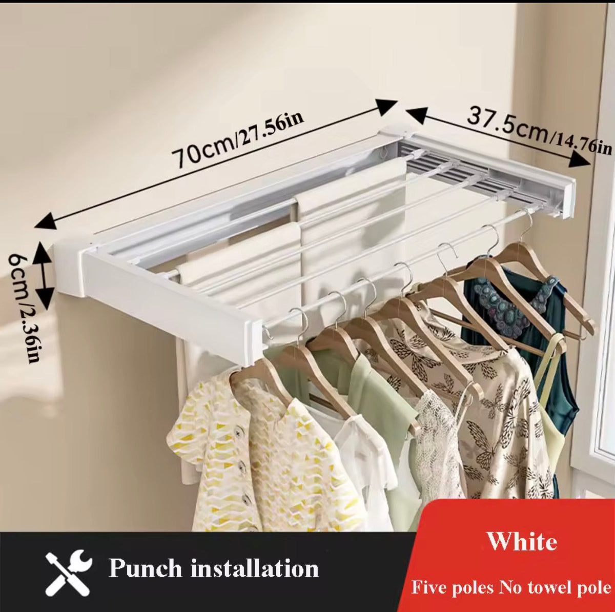 Wall-Mounted Retractable Clothes Drying Rack – White (5 Poles, 70cm) 2 pieces