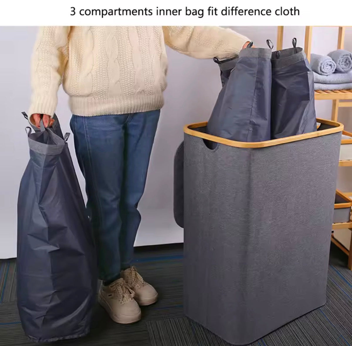 Bamboo Rim Laundry Hamper with 3-Compartment Inner Removable Bags & Lid 160L