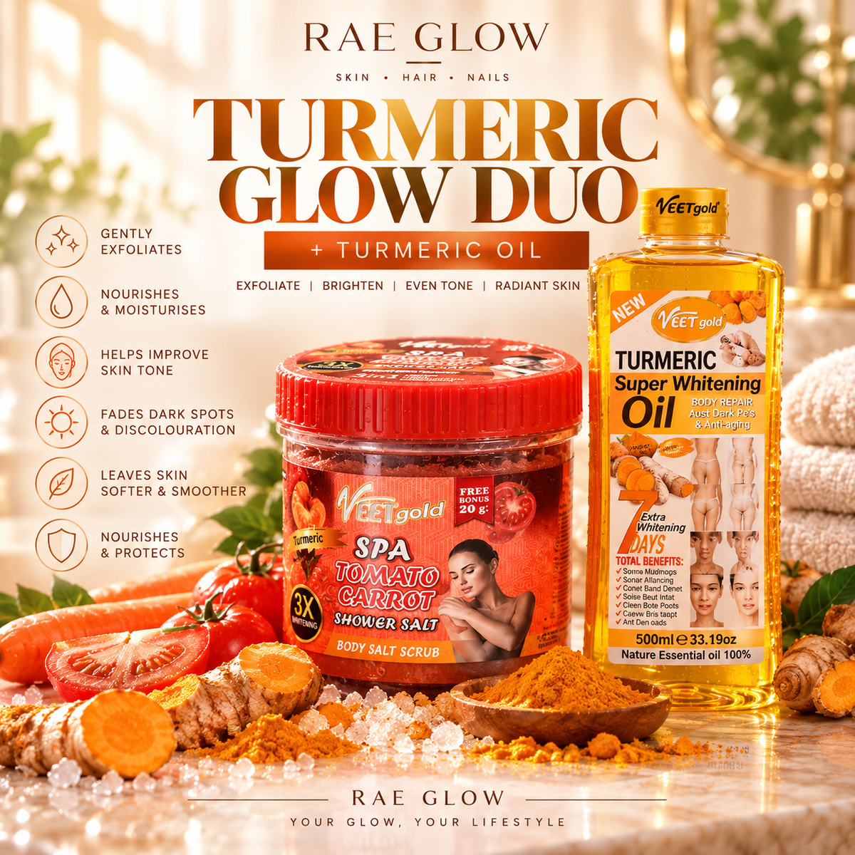 Turmeric Glow Duo – Tomato & Carrot Body Scrub + Turmeric Oil