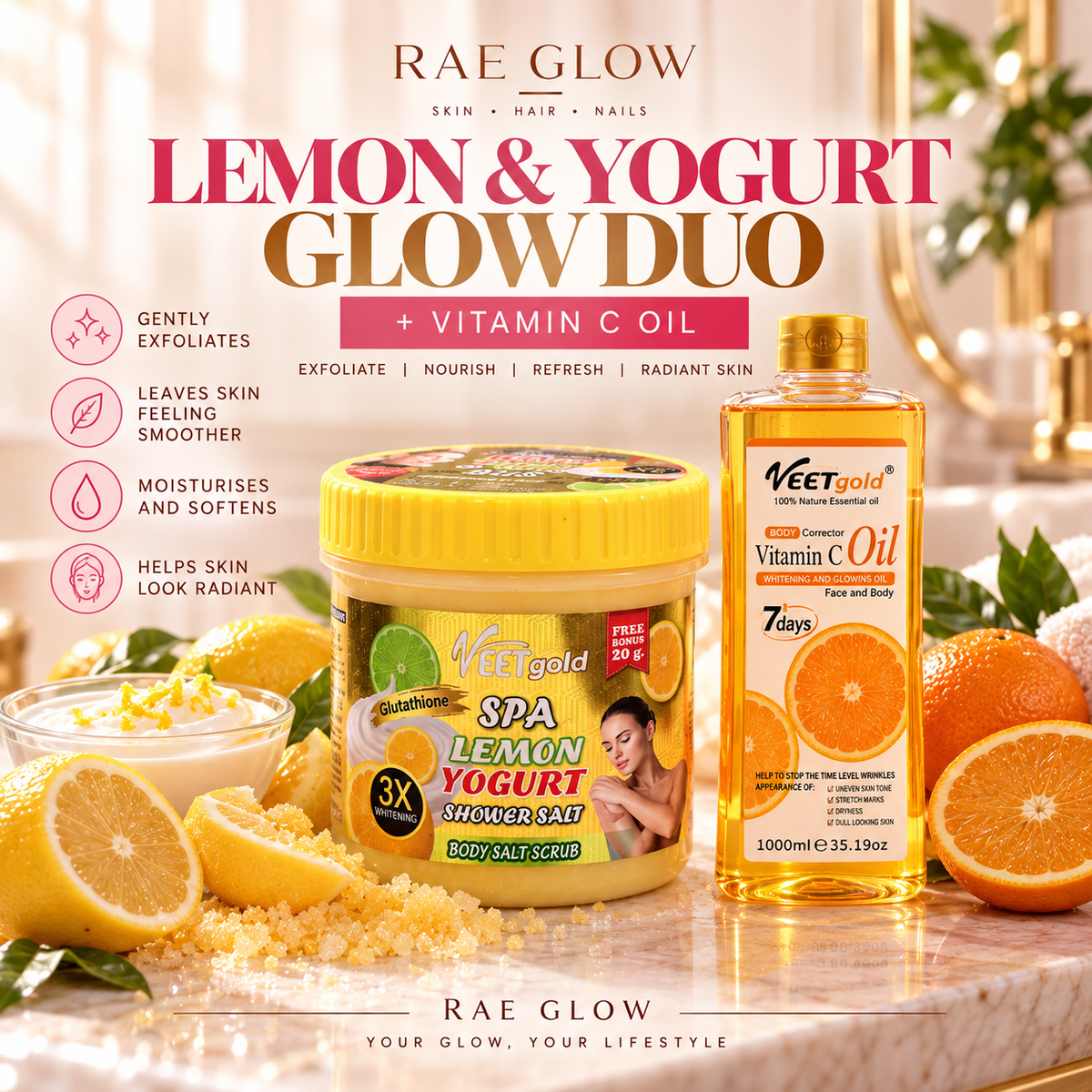 Citrus Body Glow Duo – Lemon Yogurt Scrub & Vitamin C Oil